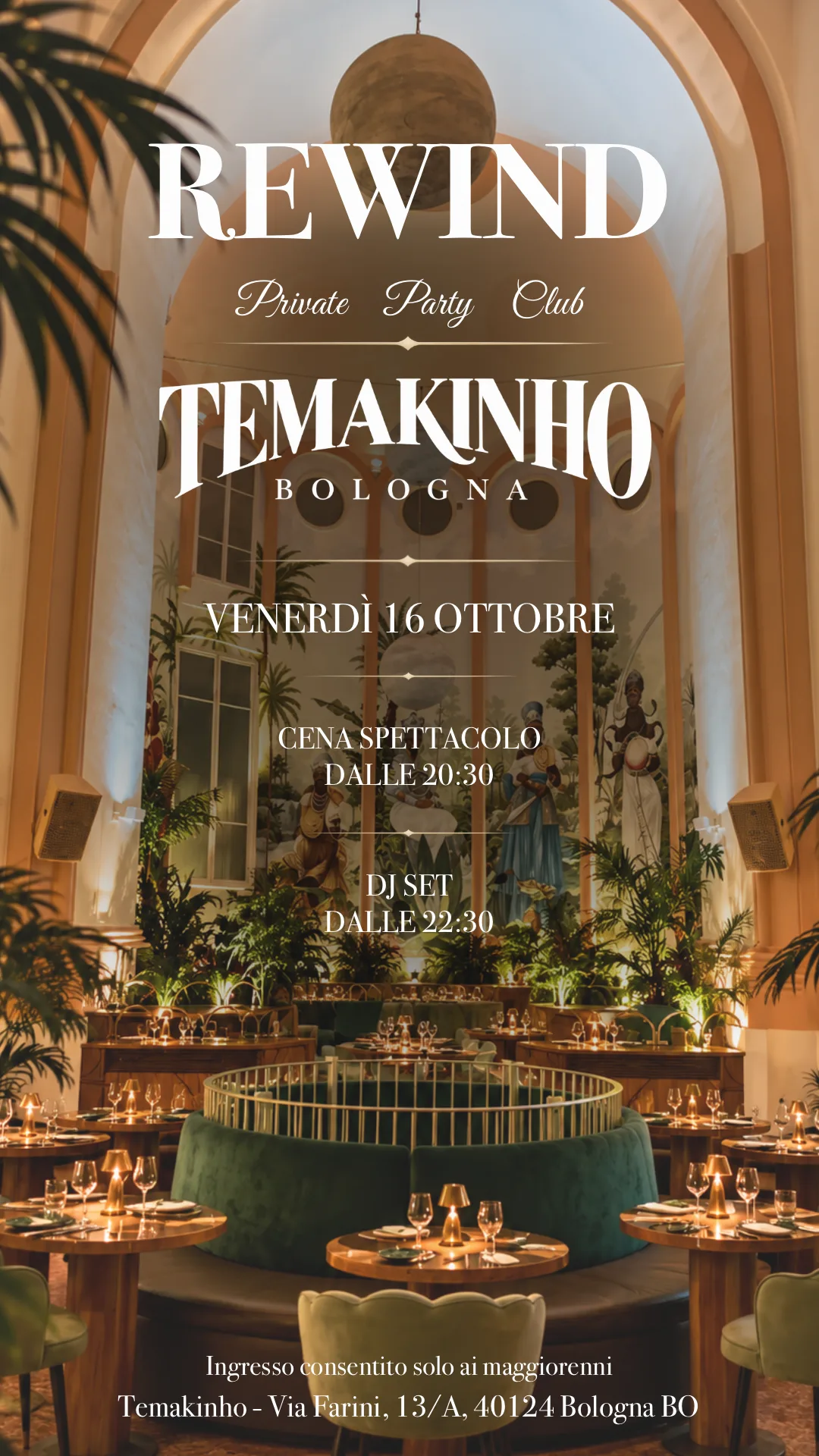 Locandina ufficiale REWIND TEMAKINHO — venerdì 16 ottobre 2026, Bologna